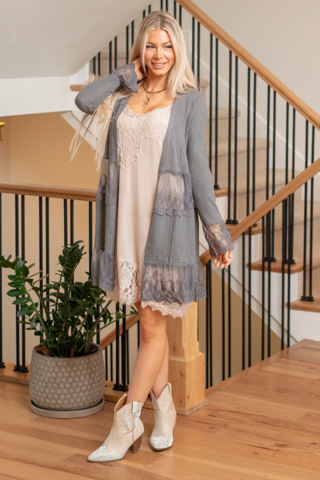 Vocal Lace & Stone Edge Open Cardigan Charcoal