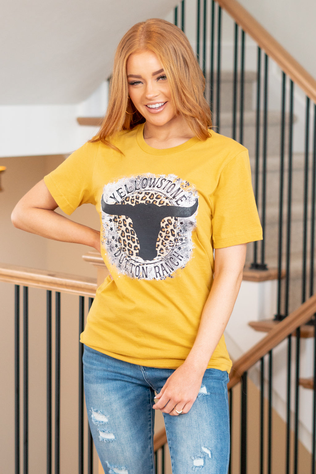 Longhorn Leopard Graphic Tee Mustard American Blues