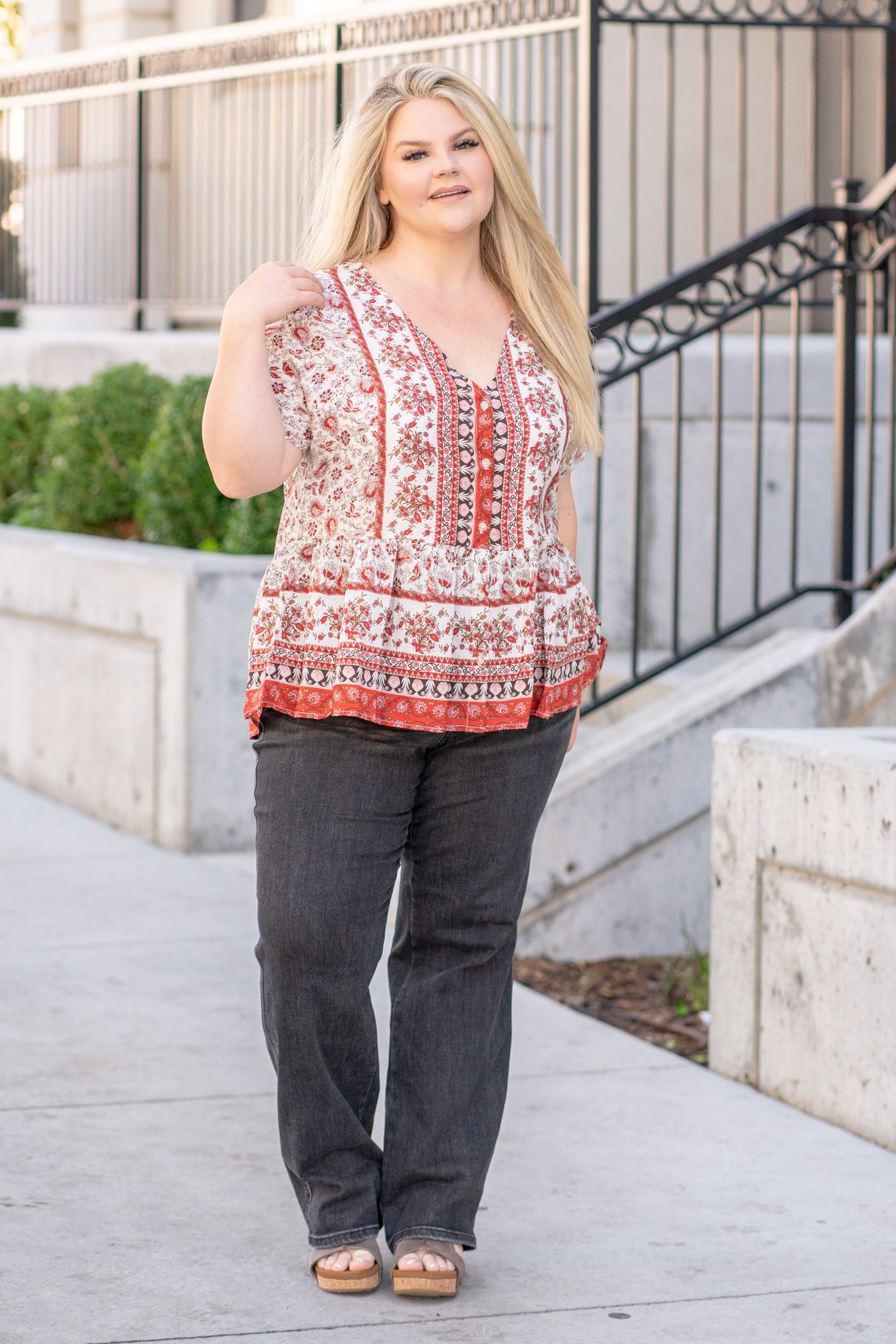 Plus Size Paisley Ruffle Hem Top