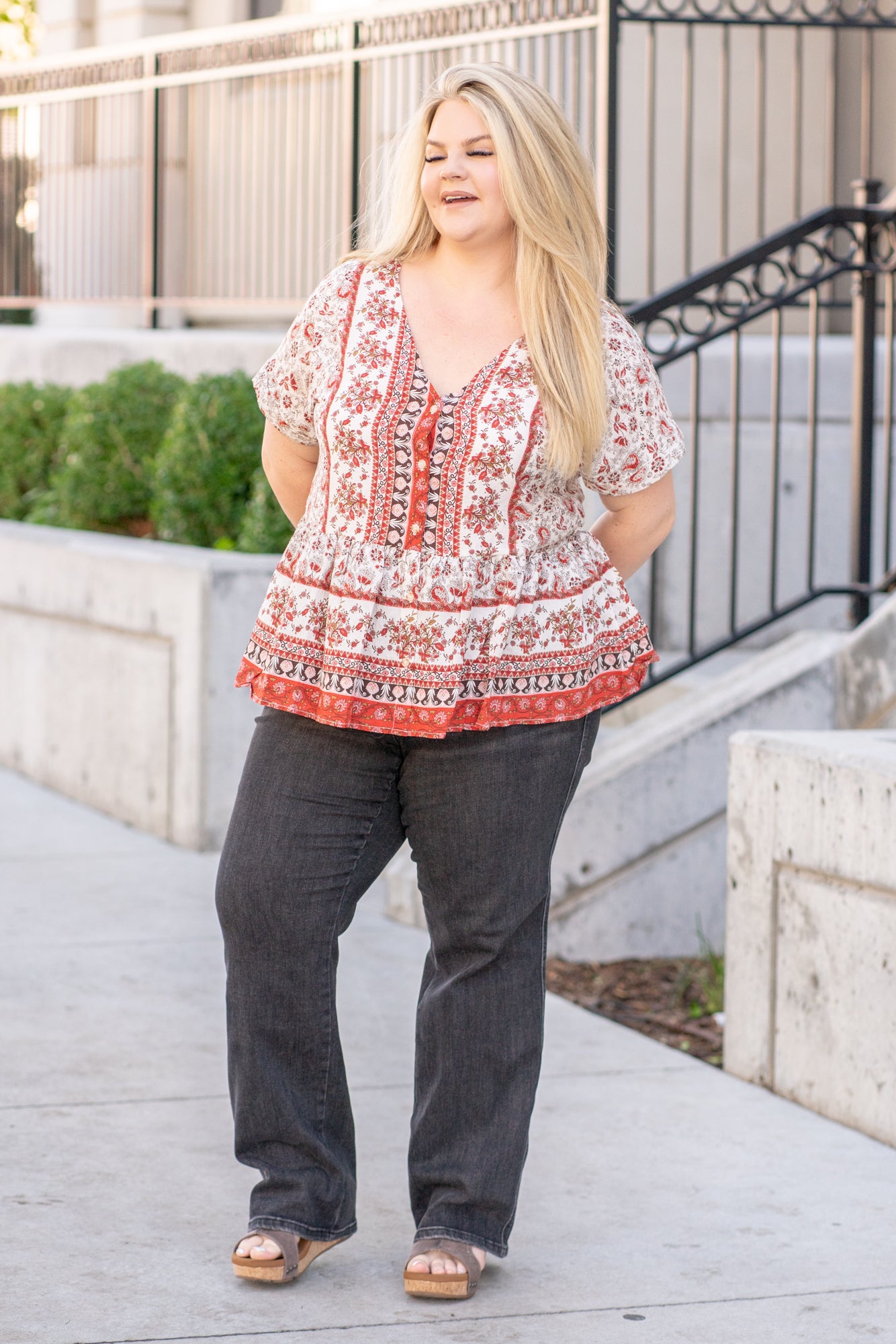 Plus Size Paisley Ruffle Hem Top