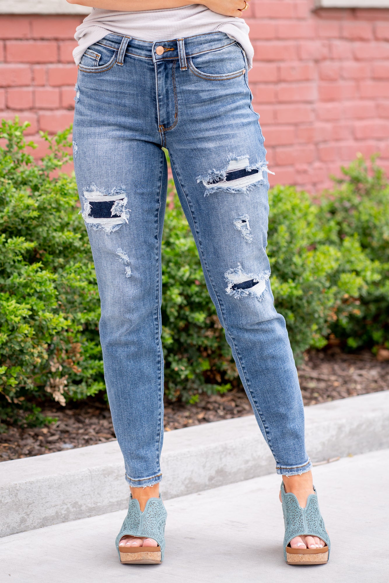 DENIM BLUE High Waisted Patch Ripped Jeans, Womens Jeans