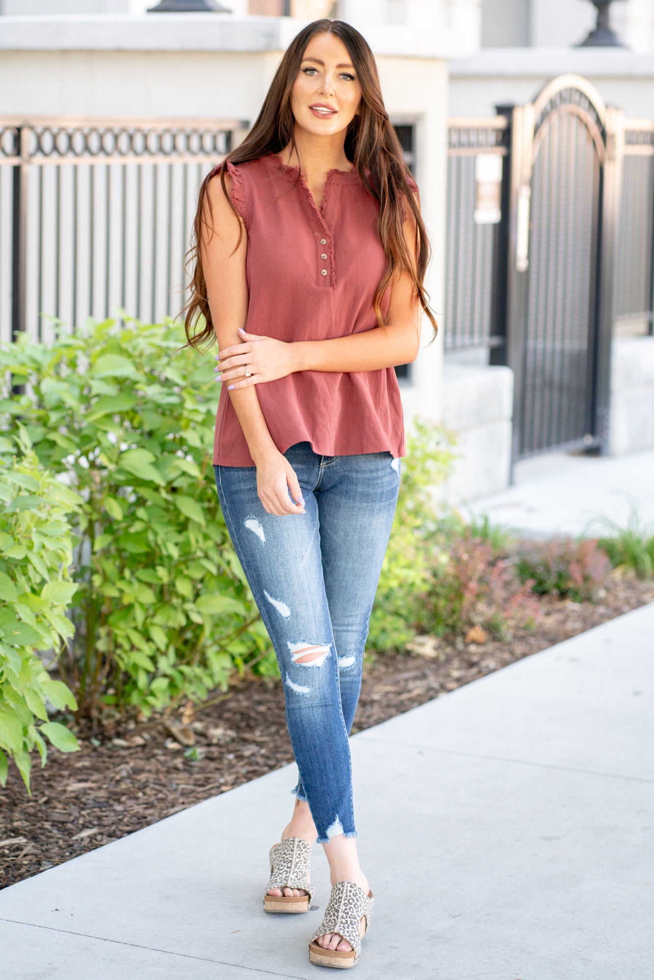 Kenzie Ruffle Shoulder Knit Top Brick American Blues