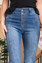 Cello Jeans  With premium fabric and careful hand-stitched design, we created these dreamy 70's inspired flares. These jeans are high waisted and fitted. Made to hug your hips and accentuate your curves.  Cut: Flare, 34" Inseam*  Rise:-Rise, 11.5" Front Rise* Color: Dark Wash  55% Cotton 29% Polyester 13% Rayon 3% Spandex Fly: Button Fly Style #: AB38073DK-1