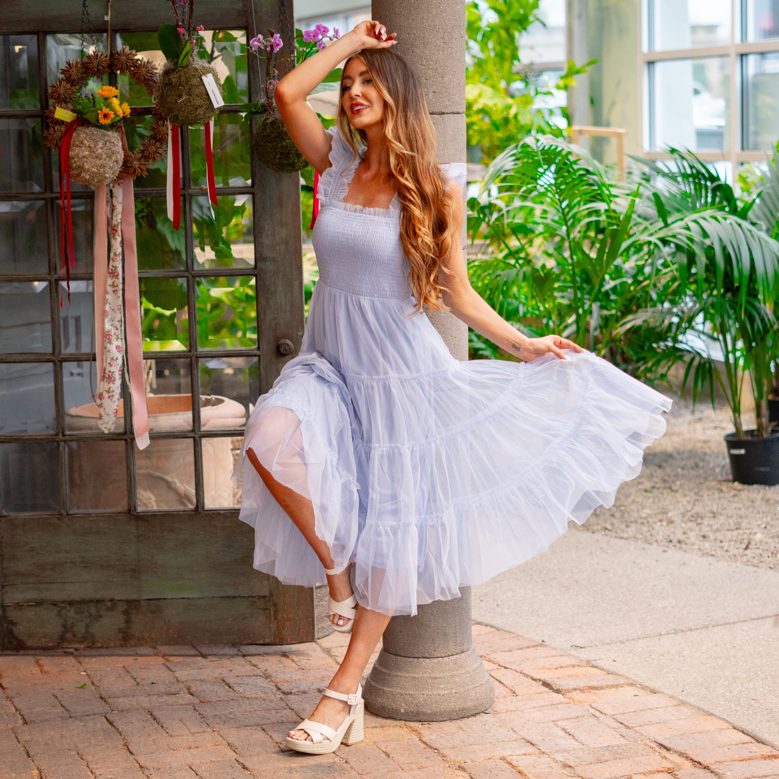 Smocked Ruffle Tiered Mesh Midi Maxi Dress American Blues