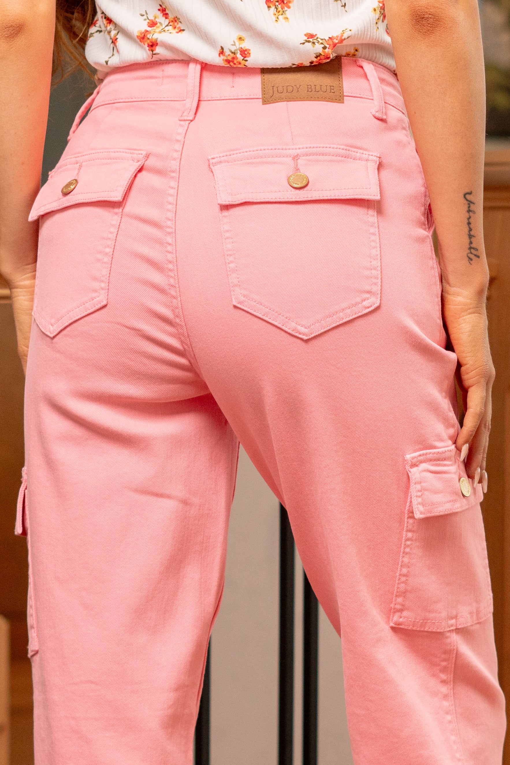 Judy Blue High-Waist Pink Garment Dyed Cargo Straight Jeans - Whiskey Skies