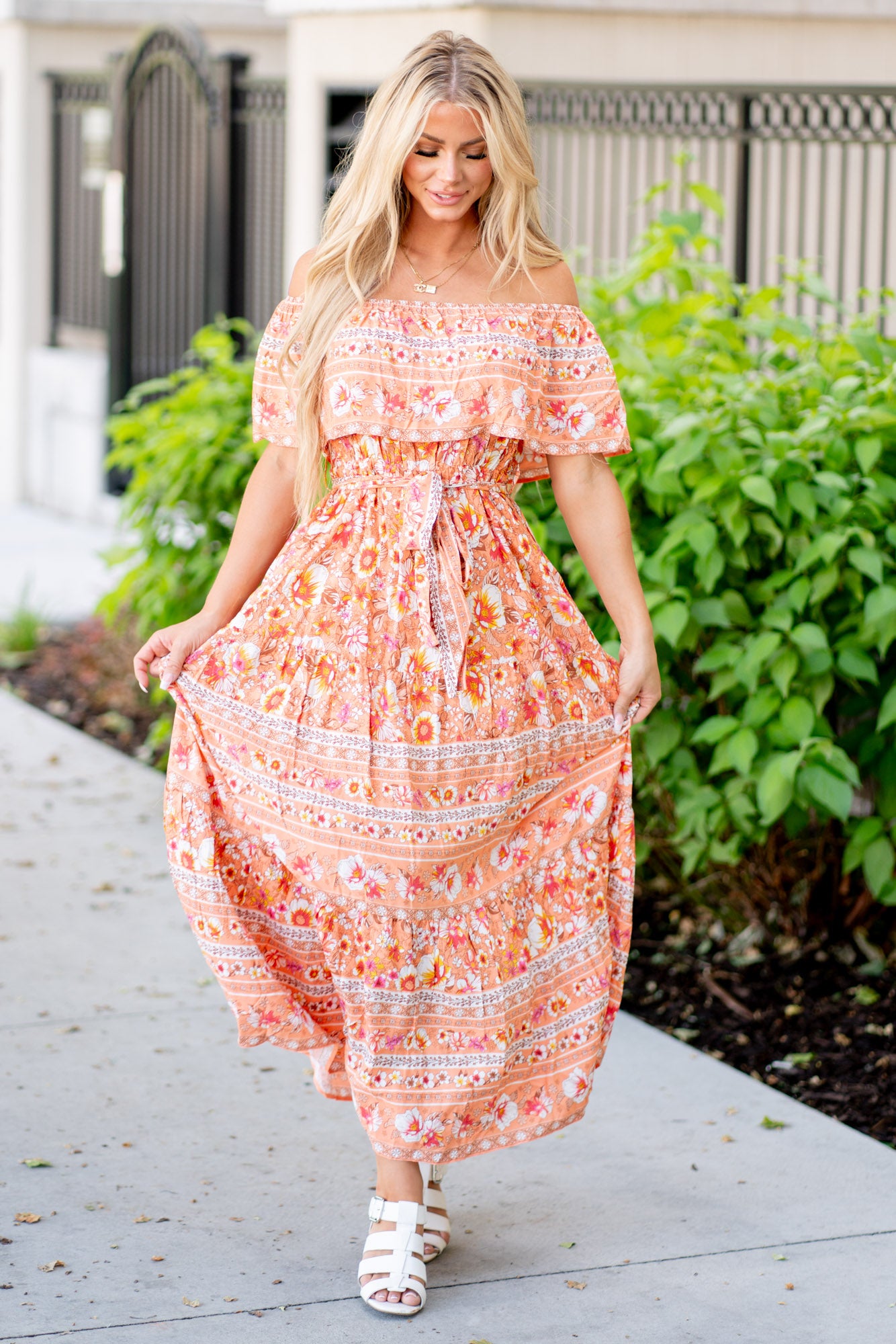 Floral Off Shoulder Tie Front Maxi Dress