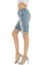 KanCan Jeans  Collection: June 2019   Style Name: Kevia-Kay Color: Light Wash Cut: Frayed Hem Bermudas Shorts High-Rise, 10" Front Rise Bermuda Shorts 9" INSEAM 100% COTTON Machine Wash Separately In Cold Water Stitching: Classic Fly: Zipper Style #: KC5189M  Contact us for any additional measurements or sizing.  X-Small = 24/1 Small = 25/3 Medium = 26/5-27/7 Large = 28/9 X-Large 29/11