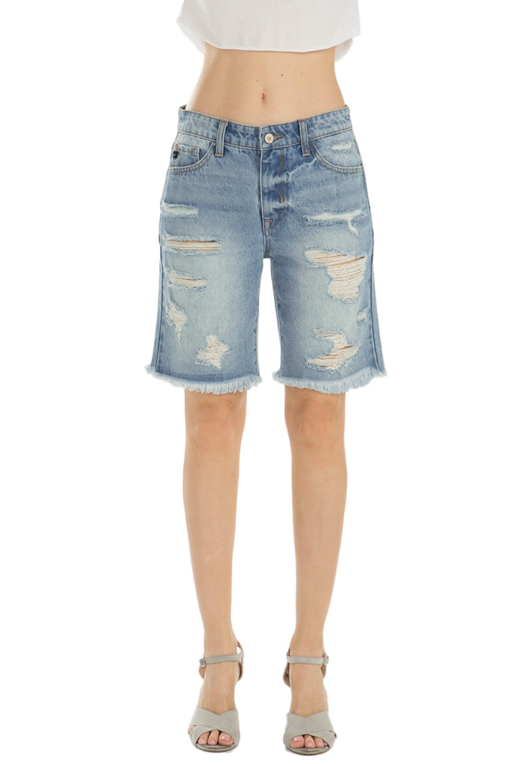 KanCan Jeans  Collection: June 2019   Style Name: Kevia-Kay Color: Light Wash Cut: Frayed Hem Bermudas Shorts High-Rise, 10" Front Rise Bermuda Shorts 9" INSEAM 100% COTTON Machine Wash Separately In Cold Water Stitching: Classic Fly: Zipper Style #: KC5189M  Contact us for any additional measurements or sizing.  X-Small = 24/1 Small = 25/3 Medium = 26/5-27/7 Large = 28/9 X-Large 29/11