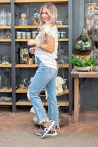 Flying Monkey Jeans  A comfortable stretchy denim with a slouchy fit make these cute Mom jeans perfect for everyday wear. Name: Brighten Cut: Mom Fit, 28" Inseam* Rise: Mid Rise, 9" Front Rise* 100% COTTON Stitching: Classic Style #: F4550 Contact us for any additional measurements or sizing.