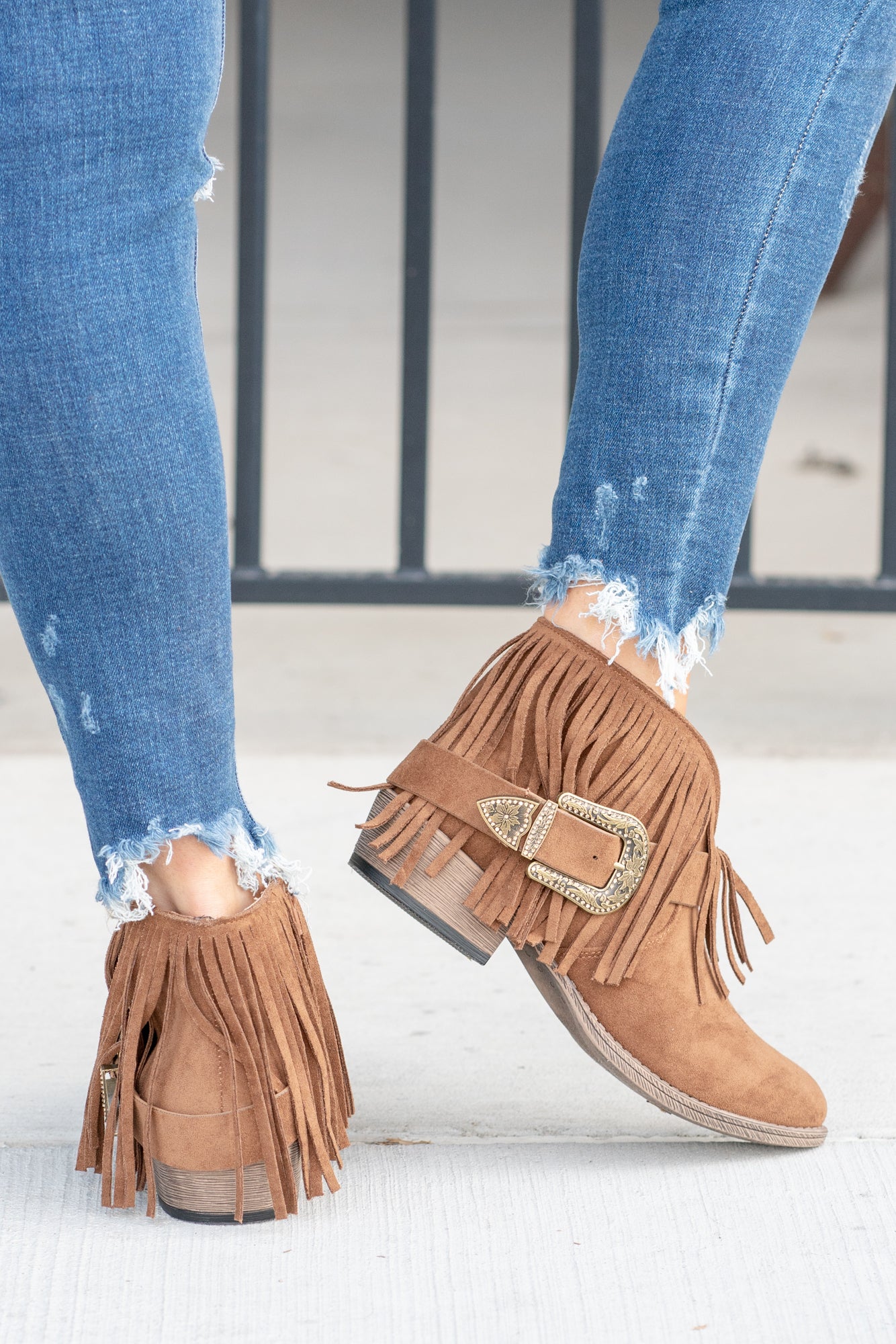 Billie Buckle Fringe Boots Tan