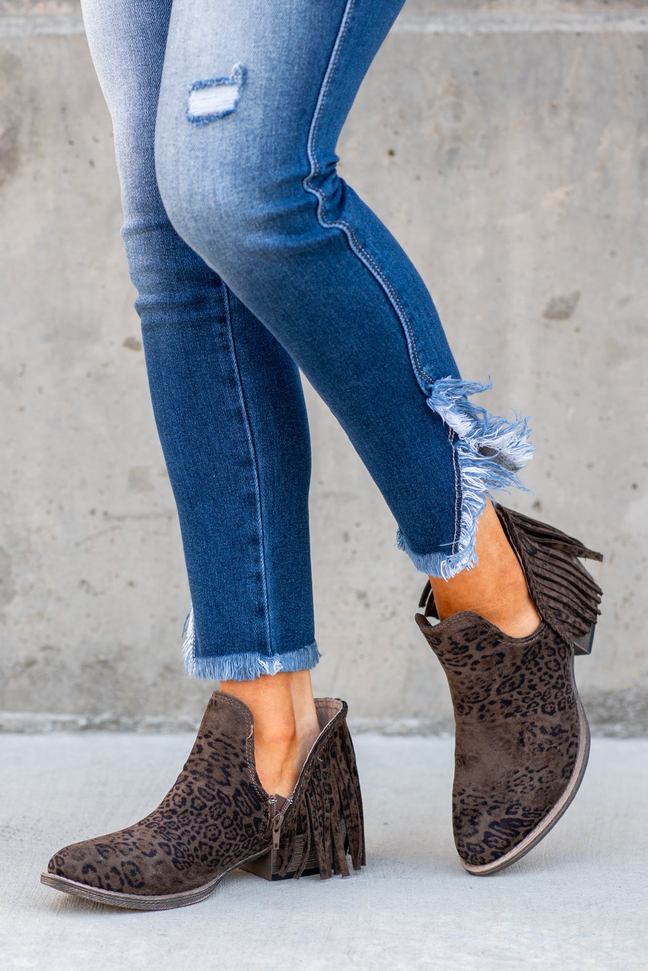 Leopard print fringe hot sale booties