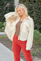 What is fall with shackets? Pair this fleece jacket with a tank and your favorite dad jeans this fall for an updated look this fall.  Color: Cream Neckline: Open, Button Up  Sleeve: Long Sleeves 100% POLYESTER Style #: HAJ1726 *Measured on the smallest size, measurements may vary by size.  Contact us for any additional measurements or sizing.   Cas is 5'7" and wears a size 25 in jeans, a small in tops, and 8 in shoes. She is wearing a size small in this jacket.