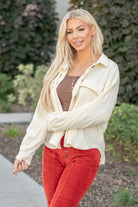 What is fall with shackets? Pair this fleece jacket with a tank and your favorite dad jeans this fall for an updated look this fall.  Color: Cream Neckline: Open, Button Up  Sleeve: Long Sleeves 100% POLYESTER Style #: HAJ1726 *Measured on the smallest size, measurements may vary by size.  Contact us for any additional measurements or sizing.   Cas is 5'7" and wears a size 25 in jeans, a small in tops, and 8 in shoes. She is wearing a size small in this jacket.