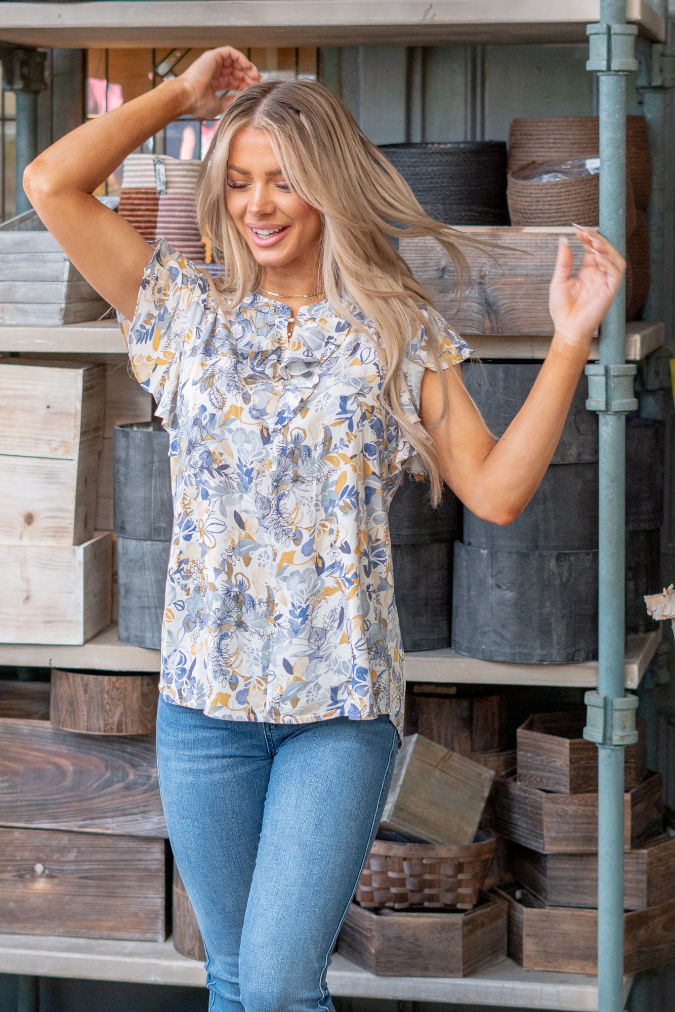 Floral Blue Ruffle Blouse