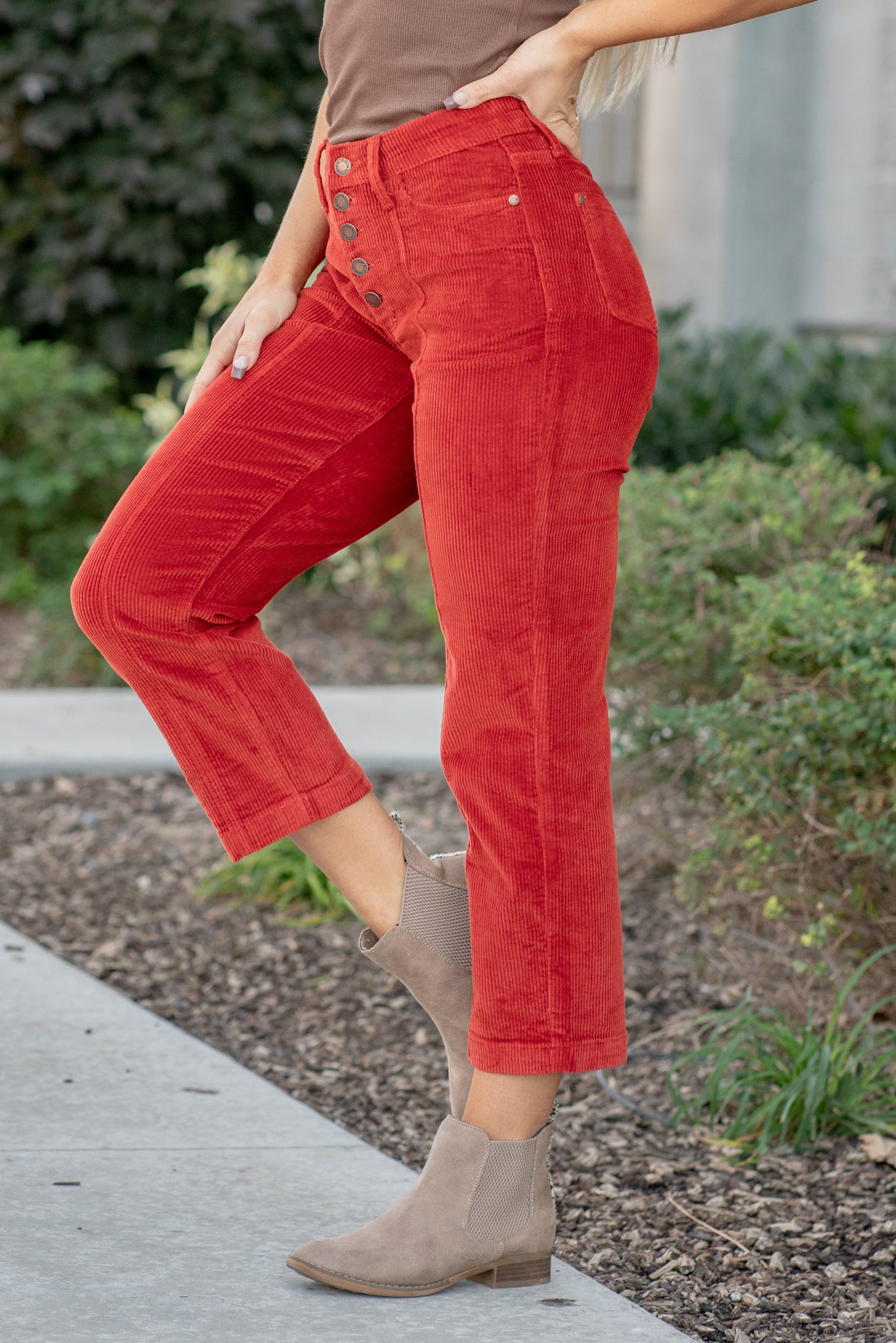 High Rise Button Fly Corduroy Flare Pant