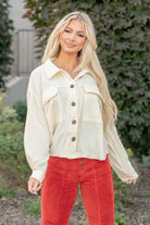 What is fall with shackets? Pair this fleece jacket with a tank and your favorite dad jeans this fall for an updated look this fall.  Color: Cream Neckline: Open, Button Up  Sleeve: Long Sleeves 100% POLYESTER Style #: HAJ1726 *Measured on the smallest size, measurements may vary by size.  Contact us for any additional measurements or sizing.   Cas is 5'7" and wears a size 25 in jeans, a small in tops, and 8 in shoes. She is wearing a size small in this jacket.