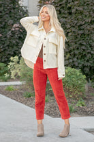 What is fall with shackets? Pair this fleece jacket with a tank and your favorite dad jeans this fall for an updated look this fall.  Color: Cream Neckline: Open, Button Up  Sleeve: Long Sleeves 100% POLYESTER Style #: HAJ1726 *Measured on the smallest size, measurements may vary by size.  Contact us for any additional measurements or sizing.   Cas is 5'7" and wears a size 25 in jeans, a small in tops, and 8 in shoes. She is wearing a size small in this jacket.