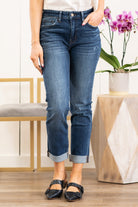 Flying Monkey Jeans  A stretchy denim with a slouchy relaxed fit make these boyfriend jeans comfortable for everyday wear. Collection: Winter 2021 Name: Poison  Cut: Boyfriend Fit, 27" Inseam Rise: High Rise, 10.25" Front Rise 99% COTTON, 1% SPANDEX Stitching: Classic Style #: Y3975 Contact us for any additional measurements or sizing.  Chloe is 5’8" and 130 pounds. She wears a size 3 in jeans, a small top and 8.5 in shoes. She is wearing a 26/3 in these jeans.