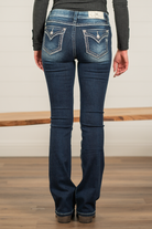 Miss Me  Wear these leopard cactus embellished pocket jeans every day to bling up your wardrobe. Slim boot cut jeans featuring a 5 pocket design, whiskering, and crystal rivets. Wash: Dark Blue Inseam: 34" Slim Boot Cut* Mid Rise, 8.75" Front Rise*