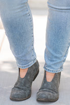 Booties | Very G  These booties from Very G are perfect to wear with boot-cut jeans this fall. The look of a boot without the extra heat from a covered ankle.  Style Name: Juliana  Color: Grey Cut: Silp On Bootie   Rubber Sole Style #: VGLB0277 Contact us for any additional measurements or sizing.