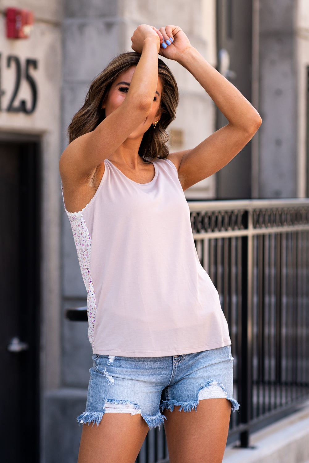 Chambray & Lace: Sleeveless denim shirt, Mint shorts & Gold wedges } -  Meagan's Moda