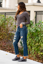 Judy Blue  These distressed boyfriend jeans will be your comfiest Judy Blues yet! With relaxed legs and a mid-waist, you will want to wear these every day!   Color: Dark Blue Cut: Boyfriend, 29" Inseam* Rise: Mid Rise. 9.5" Front Rise* Material: 91% COTTON,7% POLYESTER, 2% RAYON Machine Wash Separately In Cold Water Stitching: Classic Fly: Zipper Style #: JB88305 , 88305 Contact us for any additional measurements or sizing.   *Measured on the smallest size, measurements may vary by size. 