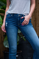 KanCan Jeans Collection: Core Collection  Color: Dark Wash  Cut: Skinny, 29.5" Inseam* Rise: Mid-Rise, 8.5" Front Rise* COTTON 95% POLYESTER 4% SPANDEX 1% Fly: Zipper Style #: KC8561D Contact us for any additional measurements or sizing.   *Measured on the smallest size, measurements may vary by size.