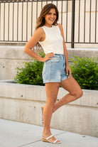 Cello Jeans Effortless style is the way to go. Get the effortless yet trendy look with a cuffed hem high rise mom shorts.  Color: Medium Blue Wash  Cuffed Hem Mom Fit Cut: Shorts, 3.75" Inseam Rise: Mid-Rise, 11" Front Rise 100% Cotton, Easy Fit  Fly: Zipper Style #: WV47755LT2 Contact us for any additional measurements or sizing.