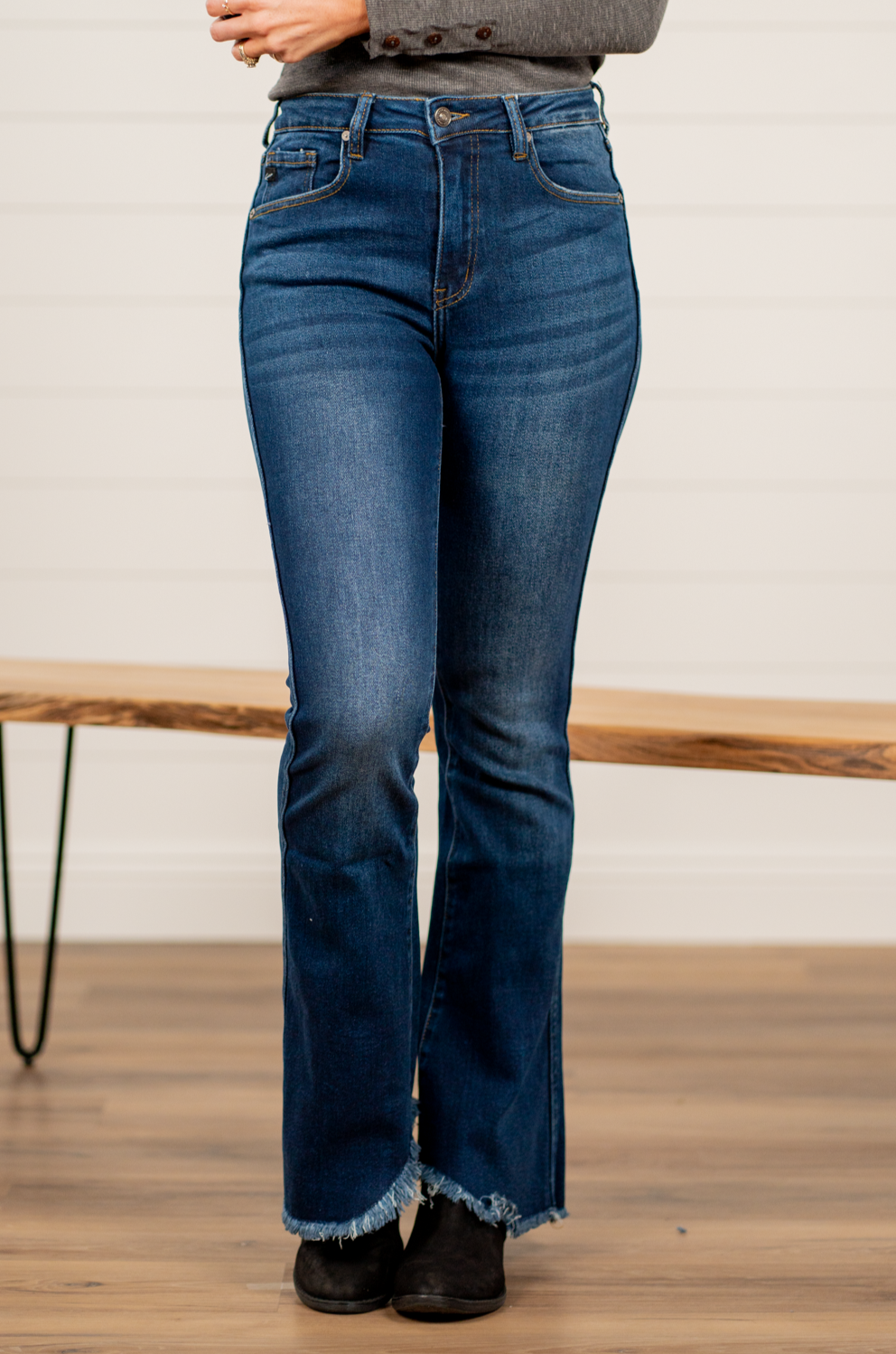 KanCan Jeans  KanCan Stretchy  Flare, 32" Inseam* High Rise, 10.5" Front Rise* Dark Blue Wash  94% COTTON, 4% T-400, 2% SPANDEX Fly: Zipper Style #: KC3021D Contact us for any additional measurements or sizing.  *Measured on the smallest size, measurements may vary by size.   