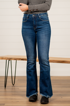 KanCan Jeans  KanCan Stretchy  Flare, 32" Inseam* High Rise, 10.5" Front Rise* Dark Blue Wash  94% COTTON, 4% T-400, 2% SPANDEX Fly: Zipper Style #: KC3021D Contact us for any additional measurements or sizing.  *Measured on the smallest size, measurements may vary by size.   