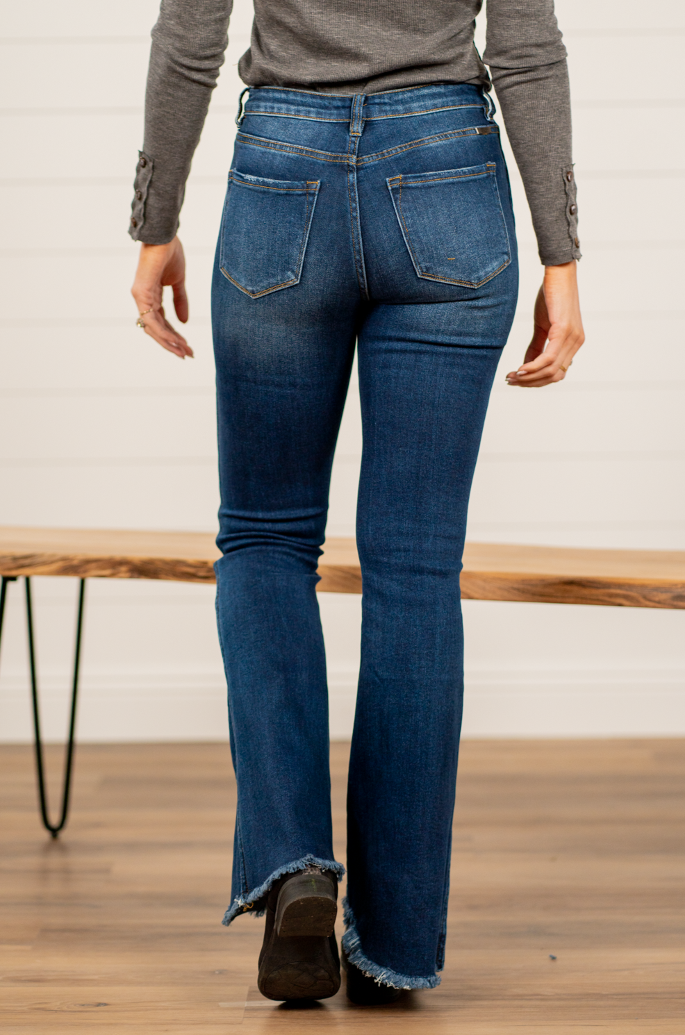 KanCan Jeans  KanCan Stretchy  Flare, 32" Inseam* High Rise, 10.5" Front Rise* Dark Blue Wash  94% COTTON, 4% T-400, 2% SPANDEX Fly: Zipper Style #: KC3021D Contact us for any additional measurements or sizing.  *Measured on the smallest size, measurements may vary by size.   