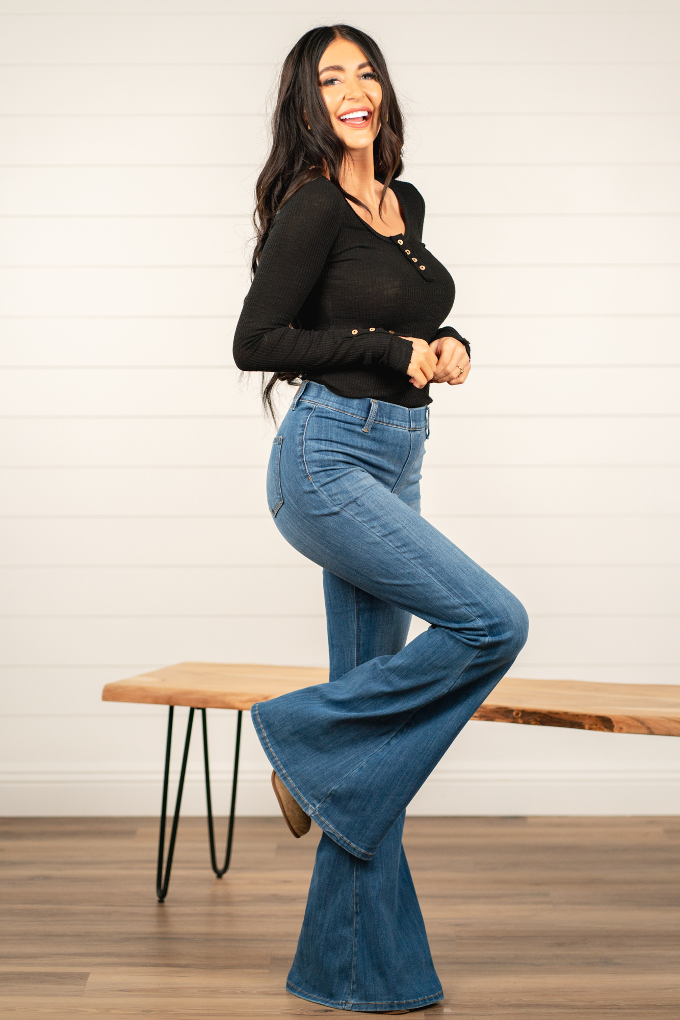 Judy Blue  Don't be afraid to wear high-waisted jeans, especially these cute flares. Carefully designed by Judy Blue to pull on and go. With a medium blue wash, these will be your favorite dress-up denim. Color: Medium Blue Wash Cut: Pull-On Flare, 34" Inseam  Rise: High-Rise. 10.75" Front Rise Material: Cotton with Stretch Stitching: Classic  Fly: Pull On Style #: JB88277 | 88277 Contact us for any additional measurements or sizing. 