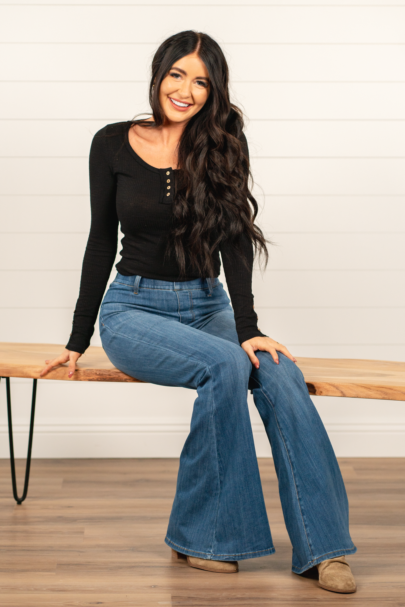 Judy Blue  Don't be afraid to wear high-waisted jeans, especially these cute flares. Carefully designed by Judy Blue to pull on and go. With a medium blue wash, these will be your favorite dress-up denim. Color: Medium Blue Wash Cut: Pull-On Flare, 34" Inseam  Rise: High-Rise. 10.75" Front Rise Material: Cotton with Stretch Stitching: Classic  Fly: Pull On Style #: JB88277 | 88277 Contact us for any additional measurements or sizing. 