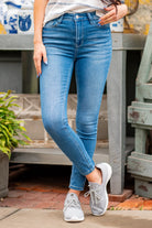 VERVET by Flying Monkey Jeans  Super soft stretchy denim, high rise waist, skinny fitted legs with a light blue wash. Skinny, 27" Inseam* Rise: High Rise, 10" Front Rise* 98% Cotton, 2% Spandex Machine Wash Separately In Cold Water Stitching: Classic  Fly: Zipper    Style #: V2634 Contact us for any additional measurements or sizing.    *Measured on the smallest size, measurements may vary by size. 