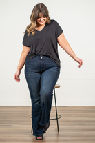 KanCan Jeans   KanCan Plus Size Guide:   XL-16 2XL-18 3XL-20  Color: Dark Wash Cut: Flare Cut, 34" Inseam* Rise: High-Rise, 10.5" Front Rise* Material: 94% Cotton 4% Polyester2% Spandex Detail: Whisker Wash Fly: Zipper Fly with Double Button Closure Style #: KC7123D-P Contact us for any additional measurements or sizing.  *Measured on the smallest size, measurements may vary by size.