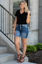 High Rise Boyfriend Shorts By Kan Can  Collection: Summer 2020 Boyfriend Shorts High Rise waist, 10" Front Rise High Shorts, 7" Inseam Medium Wash Material: 95% COTTON / 4% POLYESTER / 1% LYCRA Stitching: Classic Fly: Exposed Button Fly Style #: KC8583M