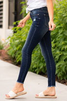 KanCan Jeans Color: Dark Wash Fray Hem Cut: Skinny, 27" Inseam Rise: High-Rise, 10" Front Rise COTTON 94.9% POLYESTER 3.8% SPANDEX 1.3% Stitching: Classic Fly: Exposed Button Fly  Style #: KC7317D Contact us for any additional measurements or sizing.  Haley wears a size small top, a 1 in jeans and a small in tops. She is wearing a size 24/1 in these jeans.